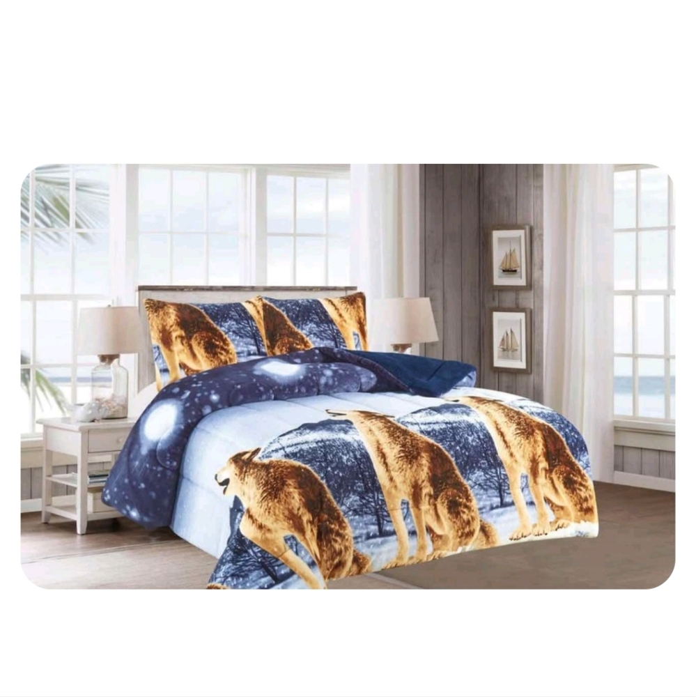 Wolf Print Bedding Set - Blue and Brown